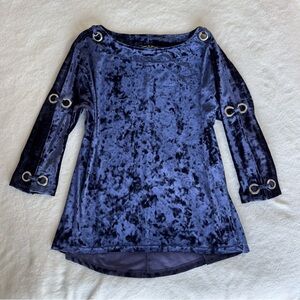 Vintage Dark Blue Jewel Tone Crushed Velvet Grommet 3/4 Sleeve Top Medium